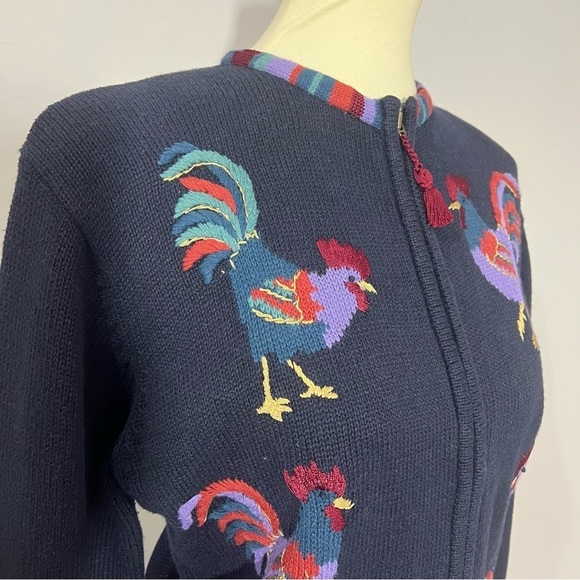 Vintage cotton knit cardigan sweater chickens roosters embroidered country chic - Picture 11 of 11